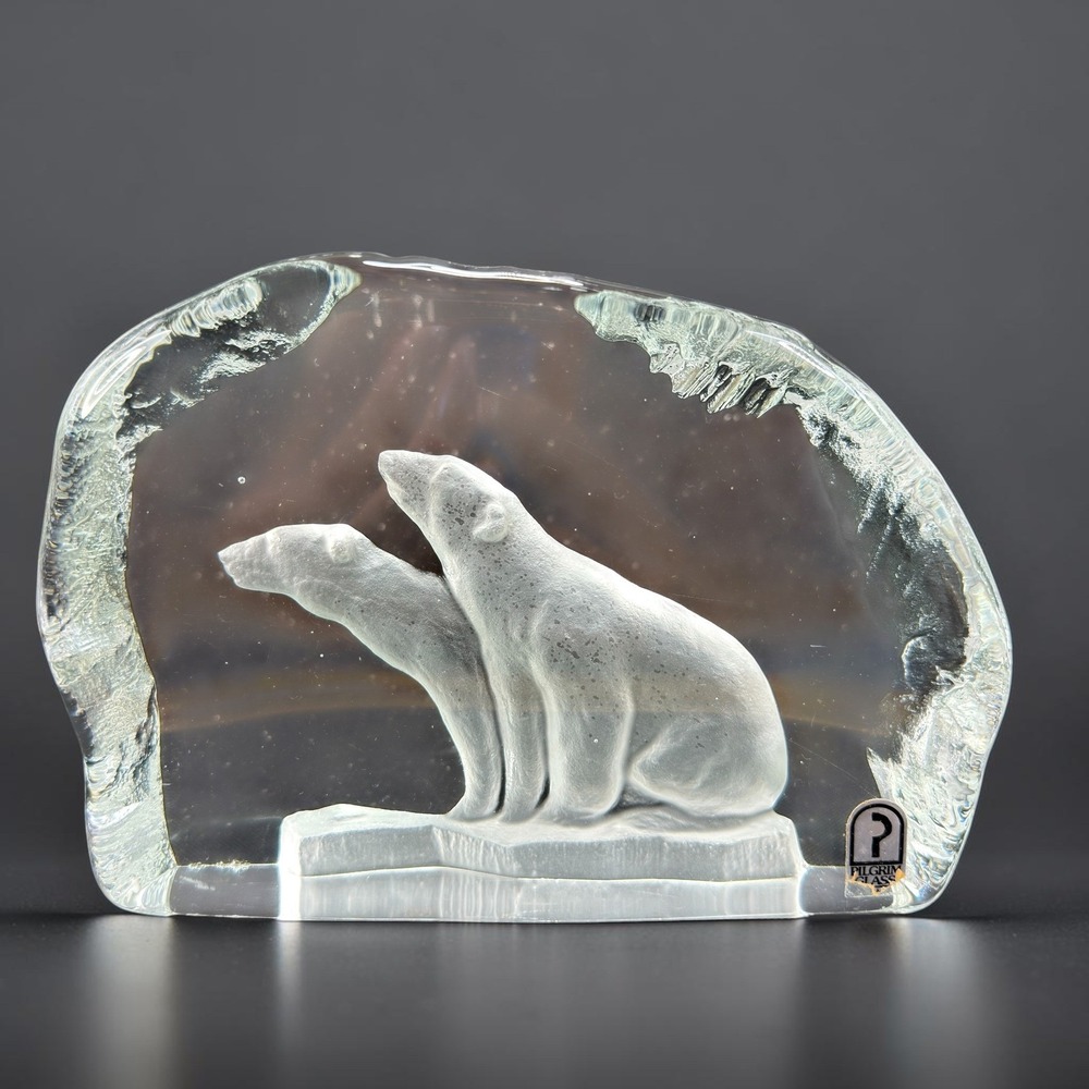 Vintage Pilgrim Glass Polar Bear Intaglio Ice Block Paperweight 8x5 Heavy Art